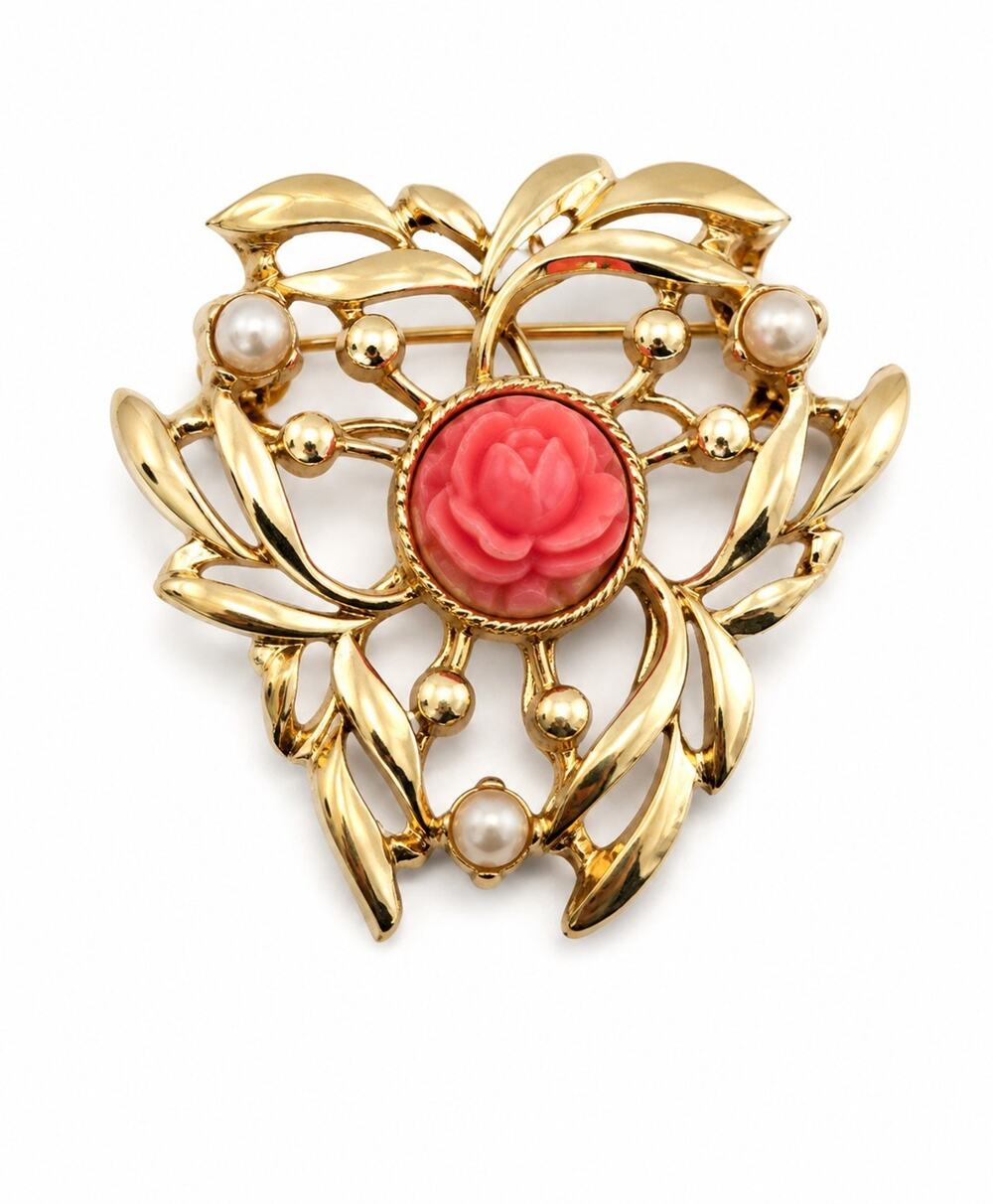 Vintage 1960s Faux Coral Rose Wreath Brooch Faux Pearl Gold Tone Brooch